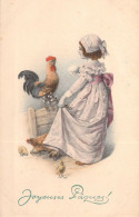 Pâques - Cartes Viennoise - Poussin Poule - Fille Dans La Basse Cour - Illustration - Carte Postale Animée - Pâques