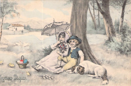 Pâques - Cartes Viennoise - Couple D'enfants Assis Au Pied D'un Arbre Avec Chien - Illustration - Carte Postale Animée - Pascua