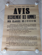 AFFICHE "Recensement Des Classes 40 à 45" - 56x75 - TTB - Afiches