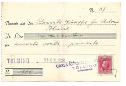 ITALY WWII Postal Receipt 100 Lire With Stamp TOLMIN / Tolmino (No 2234) - Ljubljana