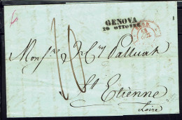 Italie. Lettre De Genova. Cachet D'entrée Sard 13 Oct. 1848, Pour St Etienne. Taxe Manuscrite 10 Centimes. B/TB. - 1. ...-1850 Prefilatelia