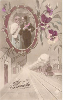 FANTAISIE - Pensée - Fleurs - Homme - Femme - Médaillon - Train - Carte Postale Ancienne - Altri & Non Classificati