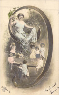 FANTAISIE - Chiffre - Chiffre 9 - Femme - Enfants - Carte Postale Ancienne - Bordados