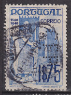 1940 Portugal, Mi:PT 621, Sn:PT 594, Yt:PT 615, Perfin CFP, King Alfonso Henriques (c. 1110-1185), Statue - Oblitérés