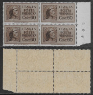 Italia Italy 1945 Luogotenenza Pneumatica C60 Quartina Sa N.PN16 Nuovo Integro MNH ** - Neufs