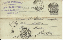 Entier Postal , 10 C , Type Sage , 1893 , N° YT 89 - CP4, Cachets De MARSEILLE ( Départ ) , MENTON - Tarjetas Precursoras