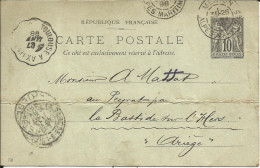 Entier Postal , 10 C , Type Sage N° 733 , 1898 , N° YT 89 - CP5, Cachets De MENTON , TOULOUSE & LA BASTIDE S. L'HERS - Tarjetas Precursoras