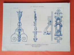 LES METAUX OUVRES 1882 LITHO FER FONTE CUIVRE ZINC " CHENETS ET MARTEAU DE PORTE FER CHATEAU DE ROQUETAILLADE "1 PLANCHE - Architecture