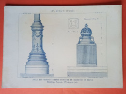 LES METAUX OUVRES 1882 LITHO FER FONTE CUIVRE ZINC " SOCLE COLONNES FONTE CALORIFERE BIBLIOTHEQUE NATIONALE " 1 PLANCHE - Architecture