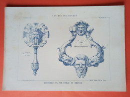 LES METAUX OUVRES 1882 LITHO FER FONTE CUIVRE ZINC " HEURTOIRS EN FER FORGE ET BRONZE CHATEAU DE PIBRAC LYON " 1 PLANCHE - Architecture