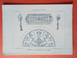 LES METAUX OUVRES 1882 LITHO FER FONTE CUIVRE ZINC " IMPOSTES ET HEURTOIRS EN FER FORGE " 1 PLANCHE - Architecture