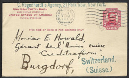 ETATS UNIS 1917: CP Entier De 2c De New York Pour Burgdorf (Suisse) - 1901-20