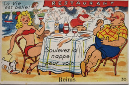 FANTAISIES - A SYSTEMES - Restaurant La Vie Est Belle - Soulevez La Nappe Pour Voir REIMS - Carte Postale Ancienne - Dreh- Und Zugkarten