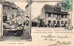 68 SOUVENIR DE CERNAY 2 PHOTOS RUE DU MARCHE EXPOSITION DE VIEILLES VOITURES ET LE RESTAURANT AU CHEVAL BLANC - Cernay