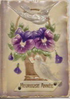 FANTAISIES - A SYSTEMES - Carte Céramique - Panier De Fleur - Oiseau - Heureuse Année - Carte Postale Ancienne - Dreh- Und Zugkarten