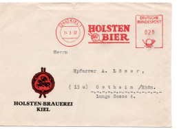 65016 - Bund - 1952 - 20Pfg AbsFreistpl KIEL - HOLSTEN BIER A Bf -> Ostheim, Rs "Helgoland Ruft!"-Aufkleber - Biere