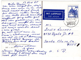 65077 - Bund - 1985 - 90Pfg B&S EF A LpAnsKte NUERNBERG -> Santa Clara, CA (USA) - Covers & Documents