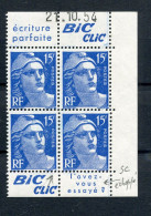 !!! 15F MARIANNE DE GANDON, BLOC DE 4 AVEC BANDES PUB BIC CLIC ET COIN DATE NEUF ** - Unused Stamps