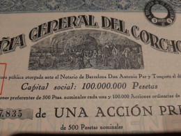 Compania General Del Corcho S.A.E.-  Accion Preferente De 500 Pesetas Nominales - Catalogne  Barcelona 4 Noviembre 1929. - Mines