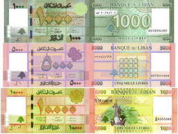 LEBANON 3 Banknotes 1000 5000 10000 Livres P 90 91 92 UNC Set, Matching Last Two Serials - Liban