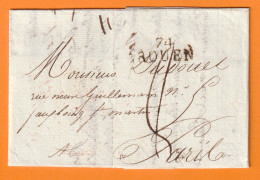 1811 - Marque Postale 74 ROUEN (21 X 10 Mm) Seine Maritime, Sur Lettre Pliée Vers PARIS - Taxe 8 - Dateur En Arrivée - 1801-1848: Vorläufer XIX