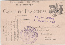 Guerre 14 CP FM Privée Franchise Militaire Imp Puissant Amiens Cachets 53 Div Infanterie Réserve Ambulance N°3 - 1. Weltkrieg 1914-1918