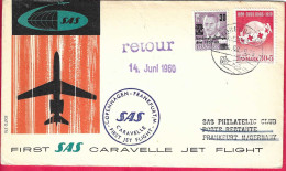 DANMARK - FIRST CARAVELLE FLIGHT - SAS - FROM KOBENHAVN TO FRANKFURT *14.6.60* ON OFFICIAL COVER - Poste Aérienne