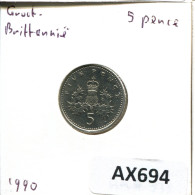 5 PENCE 1990 UK GRANDE-BRETAGNE GREAT BRITAIN Pièce #AX694.F - 5 Pence & 5 New Pence