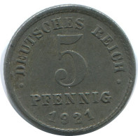 5 PFENNIG 1921 J DEUTSCHLAND Münze GERMANY #AE310.D - 5 Rentenpfennig & 5 Reichspfennig