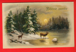 KAW-22  Bonne Année  Biche Et Cerf Au Bord D'un Lac. Circulé 1912 - Neujahr