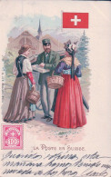 La Poste En Suisse, Facteur, Timbre, Armoirie Et Dames En Longue Robe, Litho (18.2.1901) - Poste & Facteurs