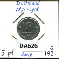 5 PFENNIG 1921 G ALEMANIA Moneda GERMANY #DA626.2.E - 5 Rentenpfennig & 5 Reichspfennig