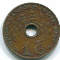1 CENT 1937 INDES ORIENTALES NÉERLANDAISES INDONÉSIE INDONESIA Bronze Colonial Pièce #S10262.F - Niederländisch-Indien