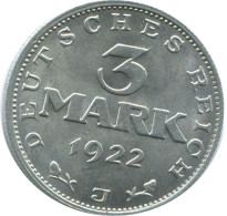 3 MARK 1922 J GERMANY Coin #AE440.U - 3 Marcos & 3 Reichsmark