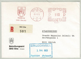 Schweiz / Helvetia 1983, Brief Einschreiben Freistempel / EMA / Meterstamp Sins - Zürich, Wappen / Coat Of Arms, Rosen - Affrancature Meccaniche