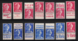 LOT De 14 TIMBRES ISSUS De CARNET Avec BANDES PUB PUBLICITAIRE Au TYPE MARIANNE De MULLER 15F ROUGE + 20F BLEU - Used Stamps
