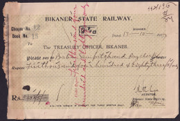 British India 1927 Bikaner State Railway Cheque To The Treasury Officer , Bikaner (**) Inde Indien - Cheques & Traveler's Cheques