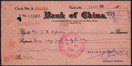 India 1961 Bank Of China Cheque, Calcutta (**) Inde Indien - Cheques & Traveler's Cheques
