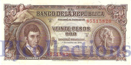 COLOMBIA 20 PESOS ORO 1965 PICK 401c AU W/PINHOLES - Colombie