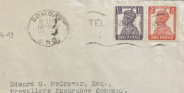 INDIA 1943 WORLD WAR 2, CENSOR COVER USED TO USA, KING STAMP, BOMBAY CITY MACHINE SLOGAN CANCEL, TELEPHONE MAKE LIFE EAS - Brieven En Documenten