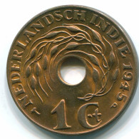 1 CENT 1945 P INDES ORIENTALES NÉERLANDAISES INDONÉSIE Bronze Colonial Pièce #S10359.F - Niederländisch-Indien