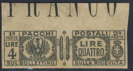 1927/32 - Prova D'Archivio Su Carta RicongiuntaPacchi Postali Lire 4 Grigio Bordo Foglio - Rara (2 Immagini) F. Sorani - Postal Parcels