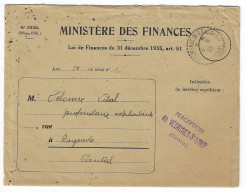 VEDRINES St Loup Cantal Lettre FRANCHISE Perception Ministère Finances Ob FB 04 Cercle Pointillé 6 8 1937 Avec Documents - 1877-1920: Période Semi Moderne