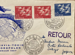 NORWAY 1957, FIRST FLIGHT COVER TO JAPAN, KOPEHAVEN -TO KYO VIA NORDPOLEN OSLO, TOKYO CITY CANCEL, ILLUSTRATE PLANE ON G - Covers & Documents