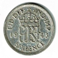 GRANDE BRETAGNE / SIX PENCE / GEORGES VI / 1943 ETAT TTB + / ARGENT - Andere & Zonder Classificatie