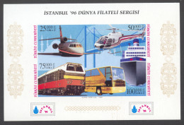 Turkey, 1996, Airplane, Helicopter, Train, Bus, Boat, Istanbul Exhibition, Black Imprint, MNH, Michel Block 32Bb - Ongebruikt