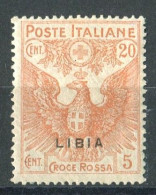 LIBIA 1915-16 CROCE ROSSA 20 C. + 5 C. SOPRASTAMPA FORTEMENTE SPOSTATA IN BASSO  **  MNH - Libyen