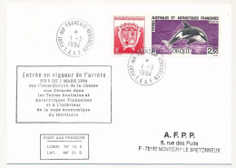 TAAF - Env. Aff 2,50 Orque, Obl Port Aux Français Kerguelen 1/3/1994 - Interdiction De La Chasse Aux Cétacés - Briefe U. Dokumente