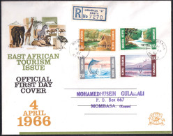 BIRDS- FLAMINGOS IN FLIGHT-EAST AFRICAN TOURISM ISSUE-OFFICIAL FDC- TIED WITH REGISTRATION LABEL 7270-BX4-21 - Flamants