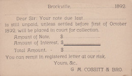 Canada Postal Stationery Ganzsache Entier 1c. Victoria PRIVATE Print G M. COSITT & BRO. BROCKVILLE 1892  (2 Scans) - 1860-1899 Règne De Victoria